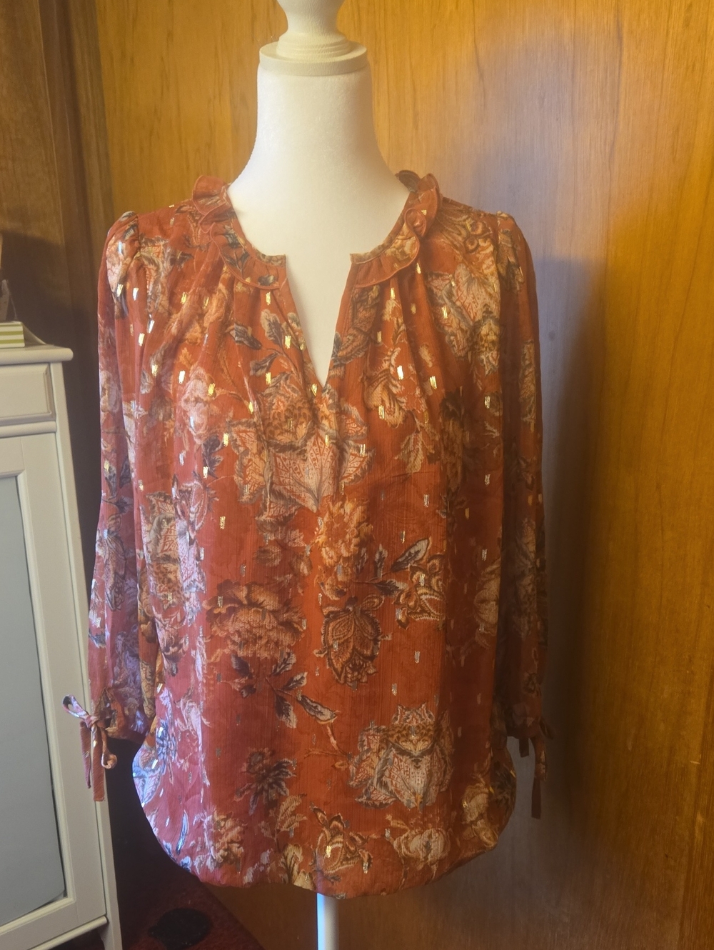 Women's Rust Floral Long-Sleeve Ruffle-Neck Blouse